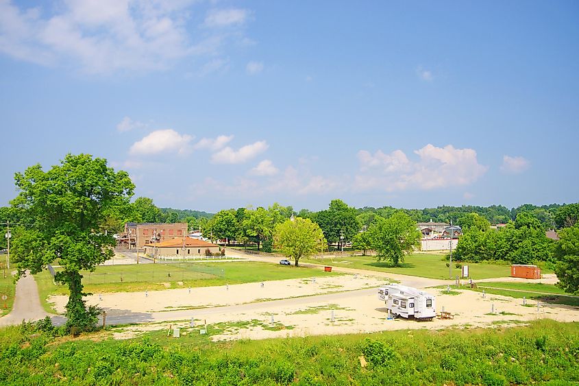 View of Van Buren across a campground from US 60; courthouse square in the distance, By Brian Stansberry.