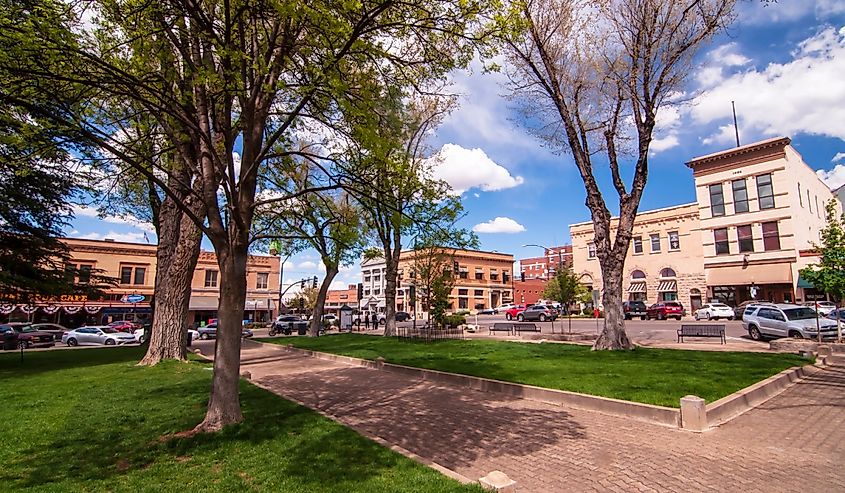 The Yavapai County Courthouse Square looking at the corner of Gurley and Montezuma Streets on a sunny spring day, Prescott, Arizona.