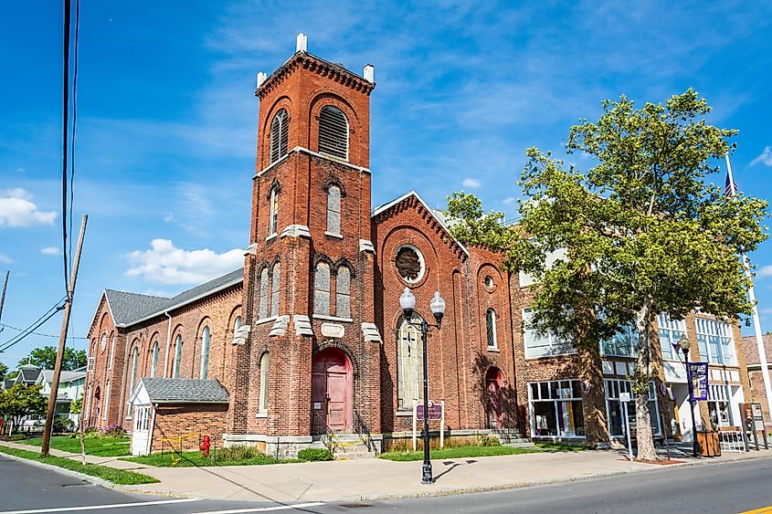 Historic church building, occupied by Women’s Interfaith Institute (Seneca Falls Performing Arts Center) in Seneca Falls, New York, USA.