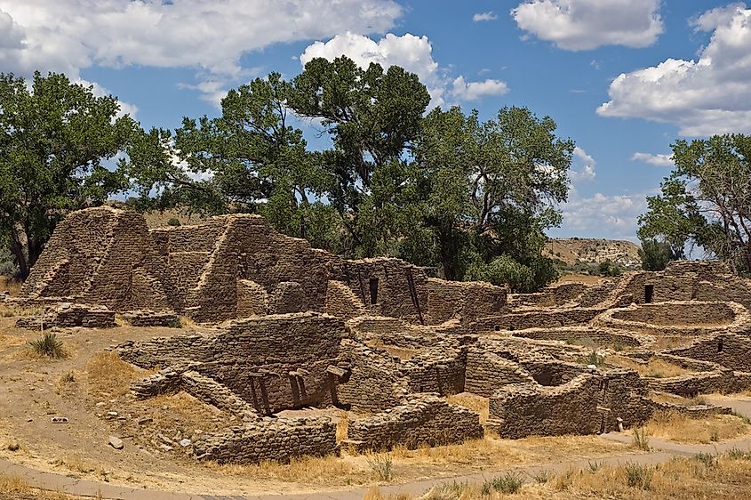 The Aztec Ruins National Monument preserves the ruins of an ancient Pueblan civilization.