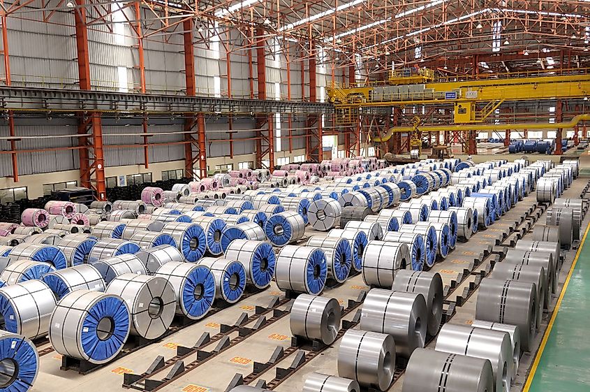Steel rolls ready for dispatch at a warehouse in Maharashtra, India
