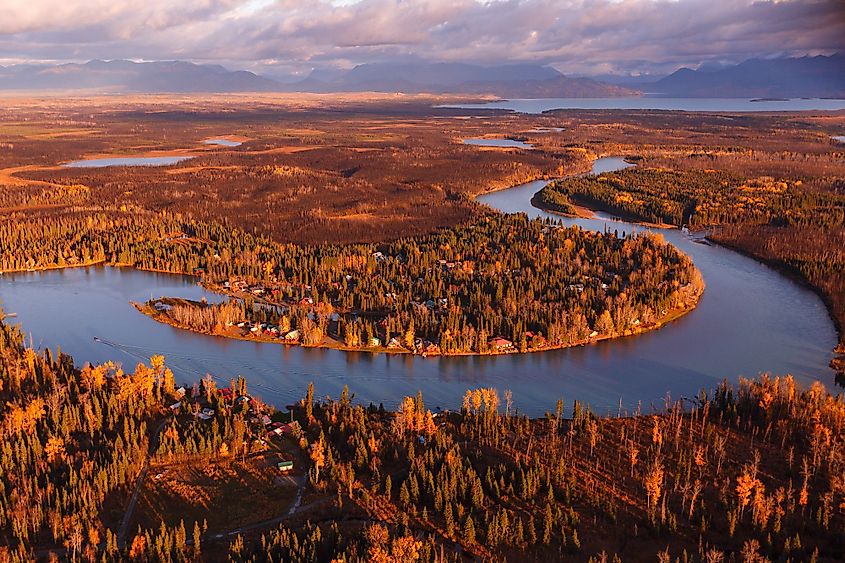Aerial view of autumn color along the Kenai River on the Kenai Peninsula in Alaska