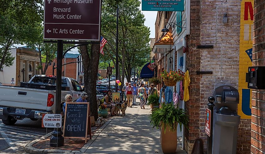 Little shops and boutiques in downtown Brevard, North Carolina.