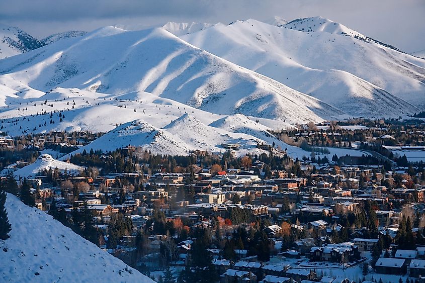 View of Sun Valley, Idaho and surrounding mountains during winter.