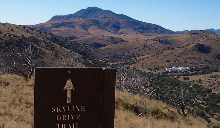 The Skyline Trail sign at the terminus in Fort Davis Mountains State Park in Fort Davis, Texas