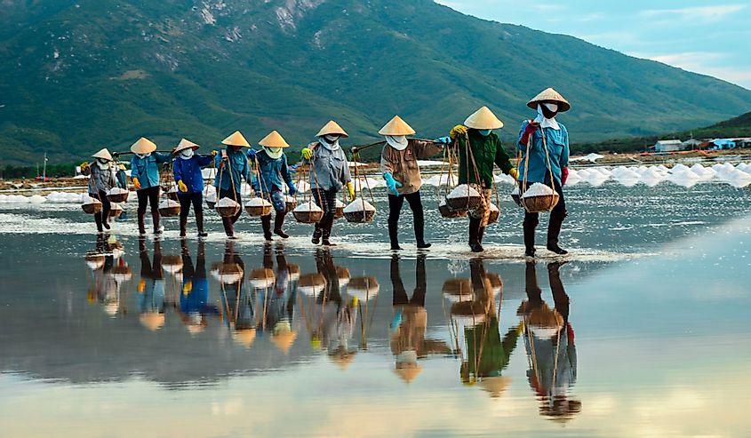 Women carry salt from salt farm to factory, NhaTrang, Vietnam