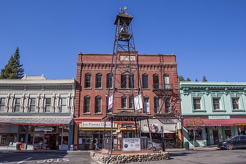 Bell tower in the historic center of Placerville, California, USA.