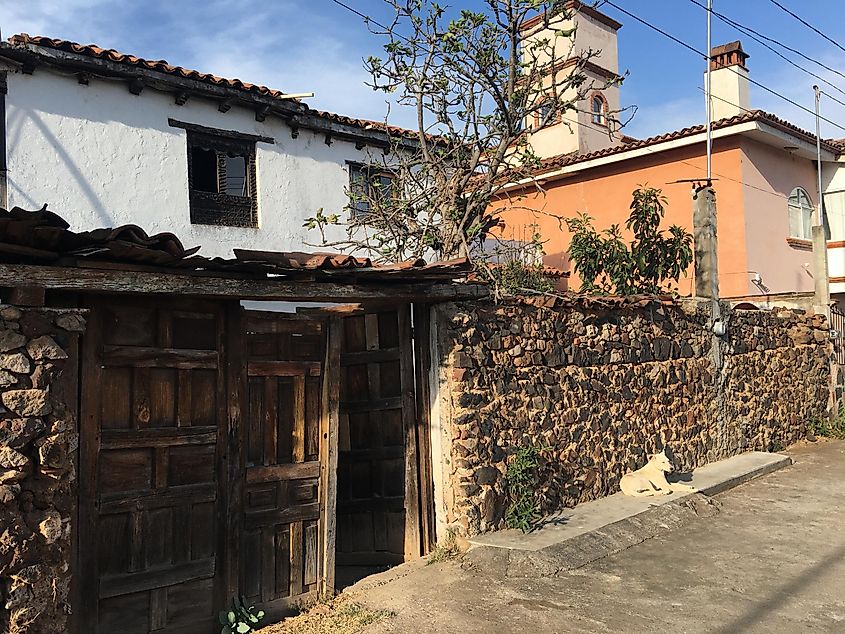 A small, partially run-down traditional Mexican home. A white dog rests up against a cobblestone wall. 