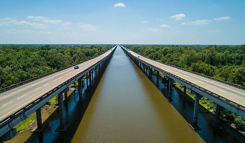 Aerial drone photo of the I10 over the Atchafalaya Basin in Breaux Bridge, Louisiana.