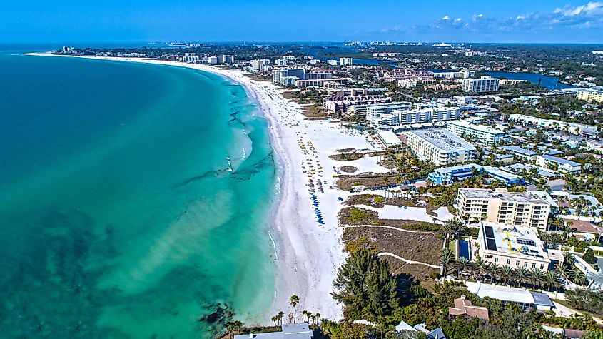 Drone Fly view over beach in Siesta Key, Florida.