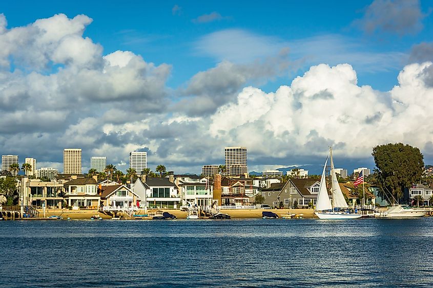 View of Balboa Island, and buildings in Irvine from Newport Beach, California