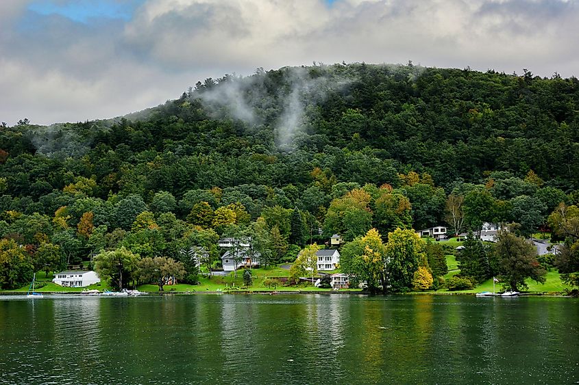 Homes along the shore of Ostego Lake in Cooperstown, New York.