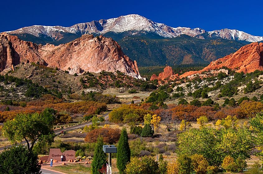 Garden of the Gods Park with Pikes Peak soaring in the background, taken from the Garden of the Gods Visitor Center.