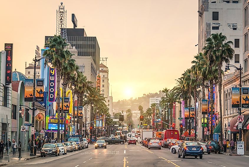 LOS ANGELES - DECEMBER 18, 2013: View of Hollywood Boulevard at sunset. In 1958, the Hollywood Walk of Fame was created on this street as a tribute to artists working in the entertainment industry.