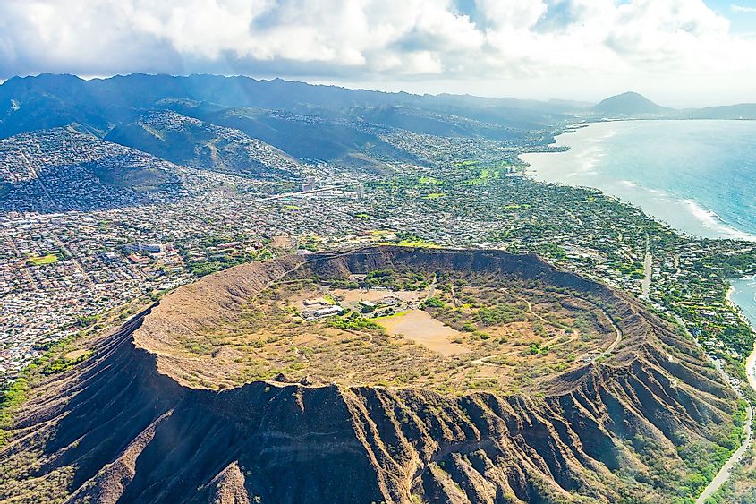 Aerial view of Hawaii island with Diamond Head crater and Honolulu city skyline