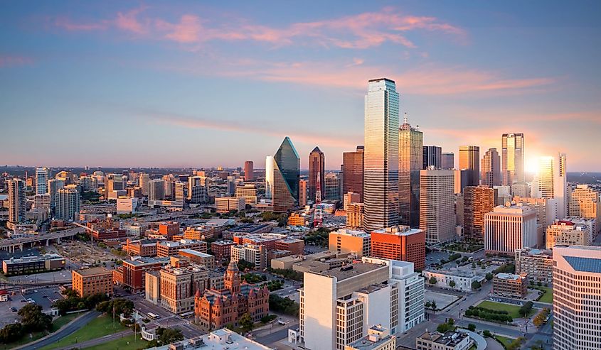 Dallas, Texas cityscape with blue sky at sunset