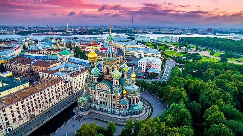 Panorama of St. Petersburg, Russia, at the summer sunset.