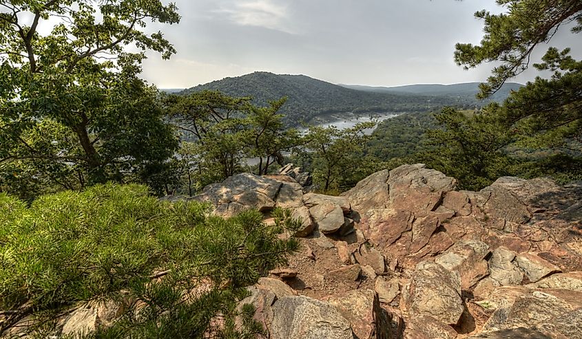 Scenic view of the Potomac River & Short Hill Mountain from Weverton Cliffs on the Appalachian Trail in Maryland. 