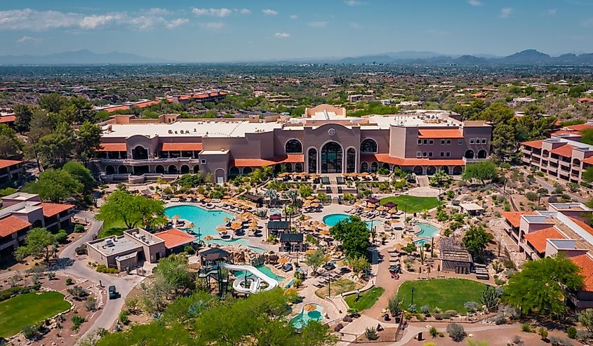 Luxury hotel and spa with pool in Catalina Foothills, Tucson, aerial photo.