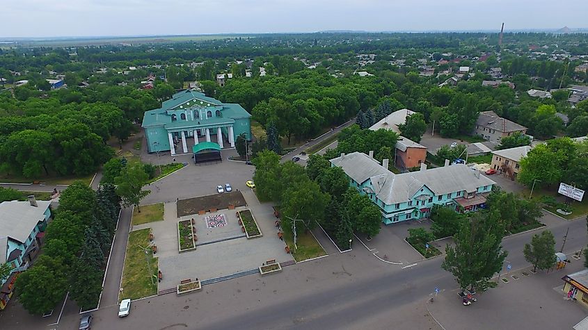 Aerial view of the town of Dobropillia, Ukraine
