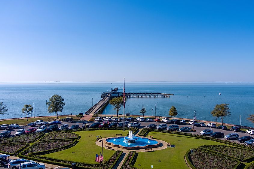 Aerial view of the Fairhope, Alabama Municipal Pier on the eastern shore of Mobile Bay.