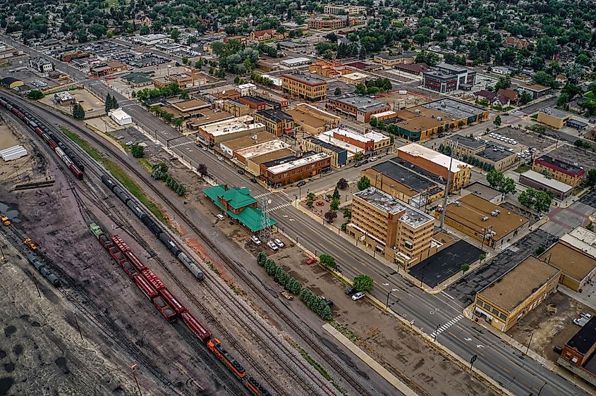 Aerial view of Downtown Dickinson, North Dakota.