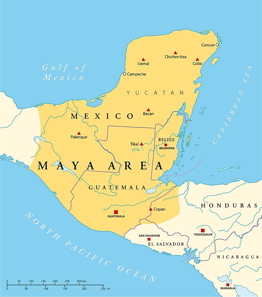 Map showing the area occupied by the Maya civilisation.