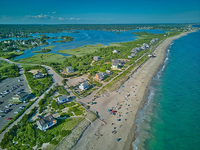 Aerial view of a sandy beach in Charlestown, Rhode Island