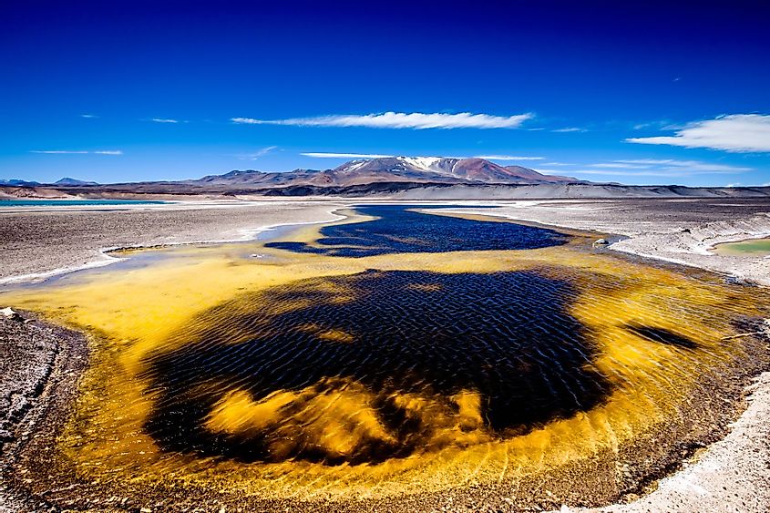 A yellow lake offers a spectacular view of the Atacama desert near Nevado Ojos Del Salado, Chile