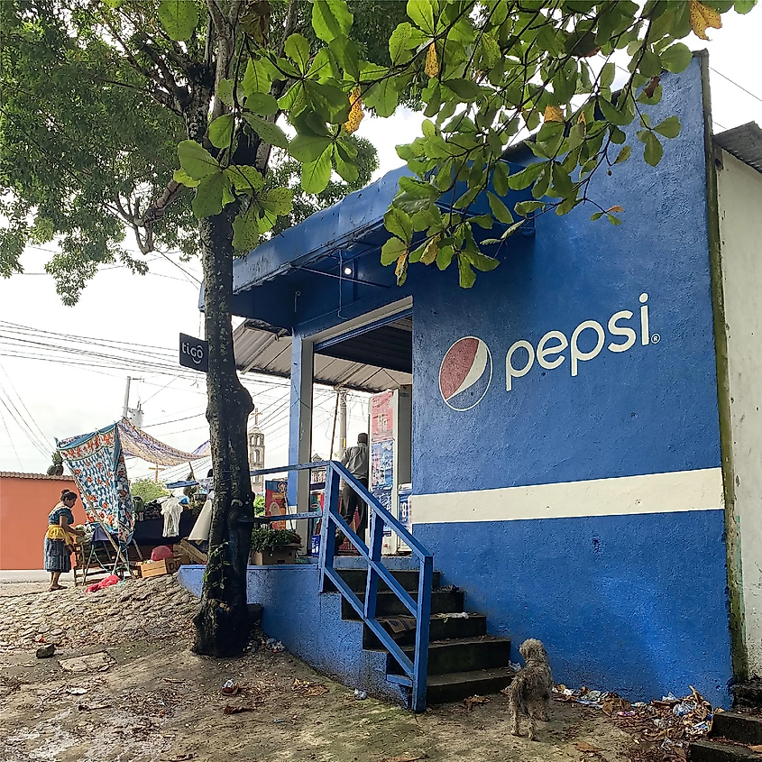 A Pepsi-branded mini-mart in Guatemala, with a tent-vendor and scruffy dog nearby.
