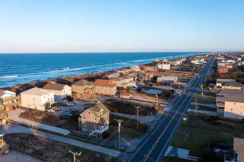 Aerial View of homes and the beach during golden hour in Nags Head, North Carolina