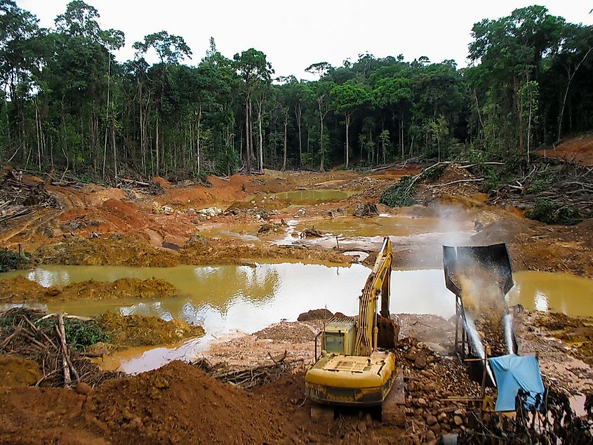 Rainforest destruction. Gold mining place in Guyana, South America.