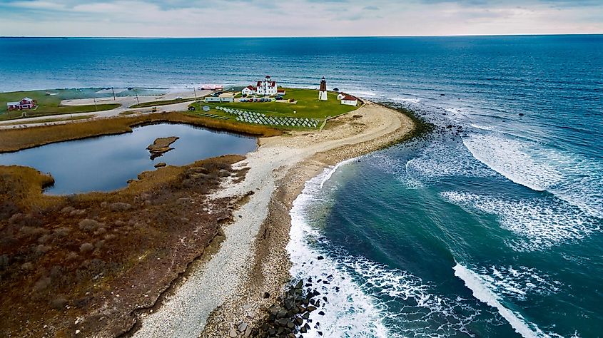Picturesque view of the Point Judith Lighthouse in Narragansett, Rhode Island