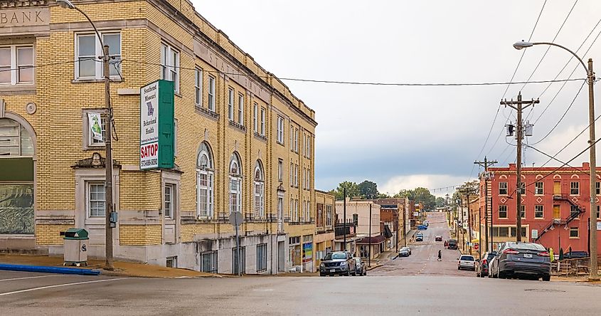 The old business district down Vine Street in Poplar Bluff, Missouri