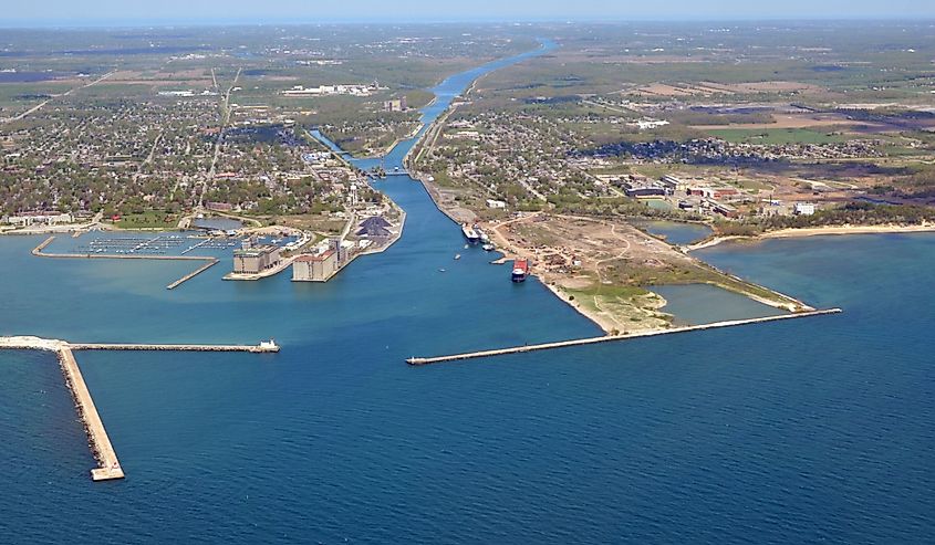 Aerial lake landscape, view of the Welland Canal, Lake Erie entrance; Port Colborne Ontario Canada