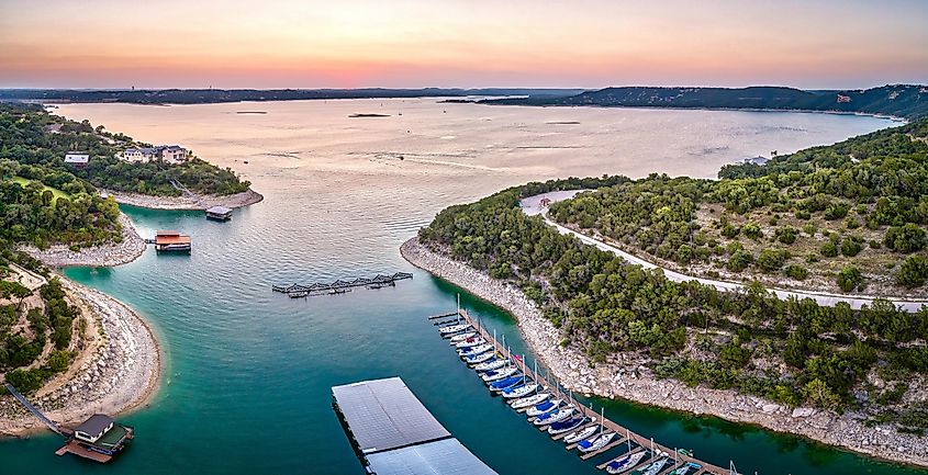  An aerial view of Lake Travis at sunset.