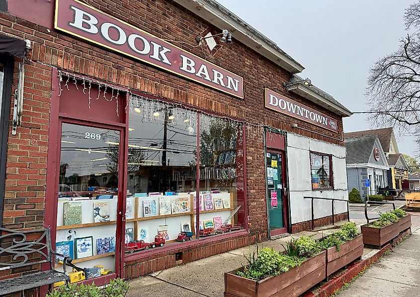 Exterior of Book Barn Downtown edition on Main Street after a recent rainfall, Niantic, Connecticut