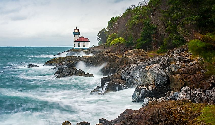 Lime Kiln Lighthouse on a stormy day on San Juan Island, Washington. 