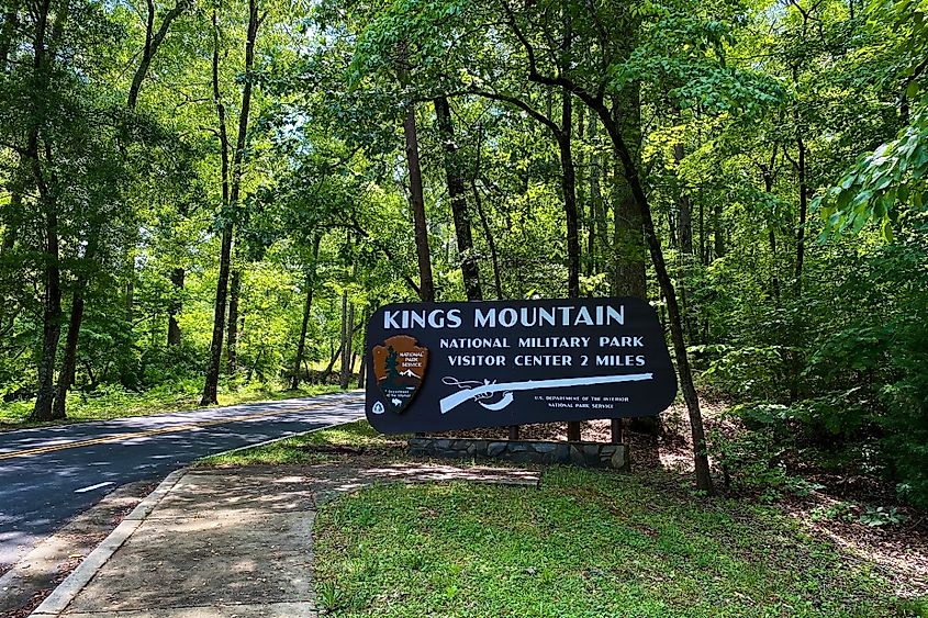 Blacksburg, South Carolina, Kings Mountain National Military Park entrance. National Park Service sign. Park commemorates Battle of Kings Mountain, a pivotal battle in the Revolutionary War