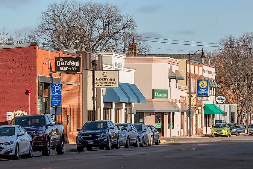 A Telephoto Shot Looking Toward Small Businesses along 6th Street in Rural Alexandria, Minnesota. Editorial credit: Sam Wagner / Shutterstock.com