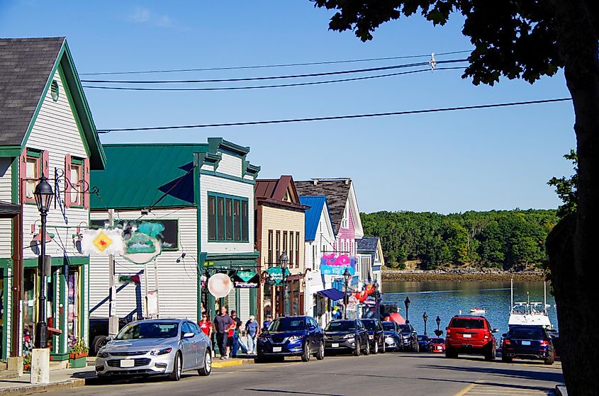 Colorful stores along the waterfront in Bar Harbor, Maine.