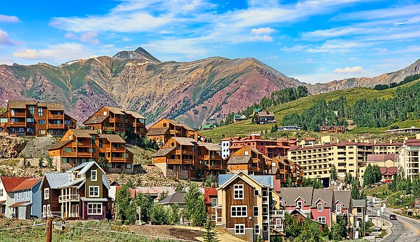 Vacation condominiums line the hillsides in the Colorado resort town of Crested Butte