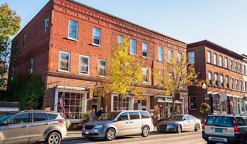 Brick buildings with shops in Woodstock, Vermont. 
