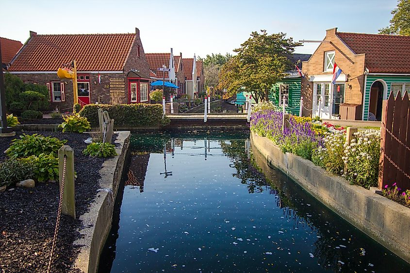 Nelis Dutch Village street scene with canal. The Village features gift shops, rides and attractions in the town of Holland.