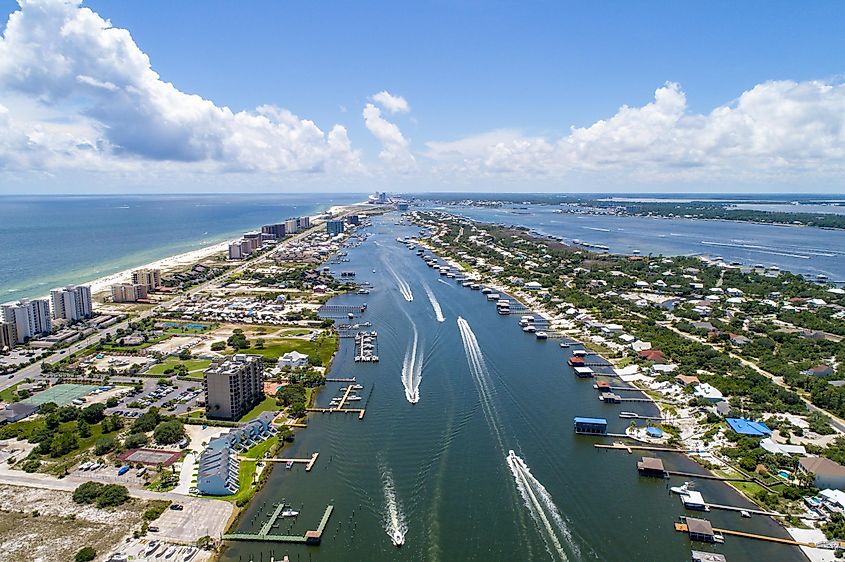 Aerial view of boats in Perdido Key beach, Florida and Ono Island, Alabama.
