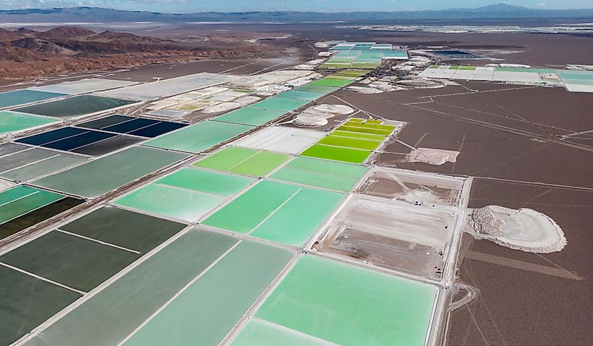 Aerial view of lithium fields in the Atacama desert in Chile, South America