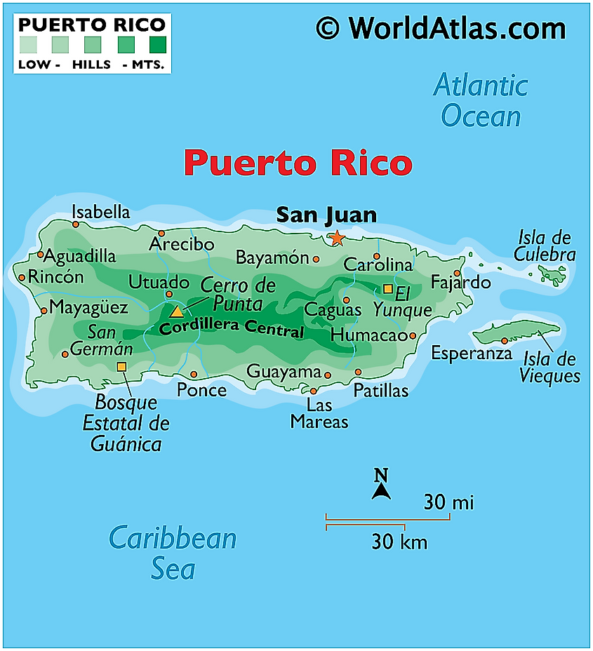 Physical map of puerto rico