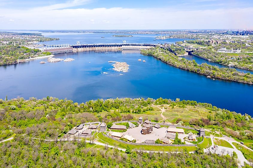 Aerial view of the Dnieper Hydroelectric Power Station in Zaporizhzhya, Ukraine