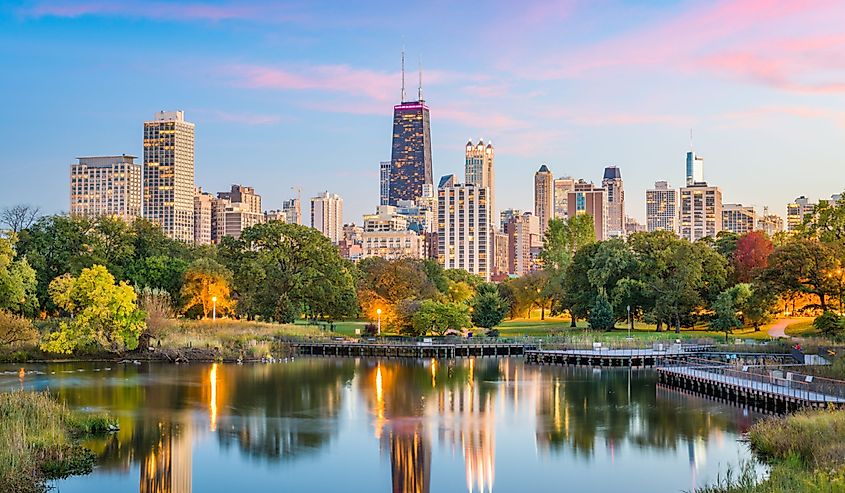 Chicago, Illinois, USA downtown skyline from Lincoln Park at twilight