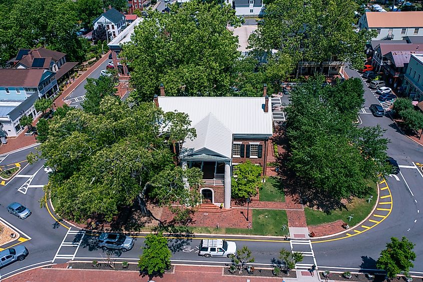 Aerial view of the Dahlonega Gold Museum in the central square of Dahlonega, Georgia.